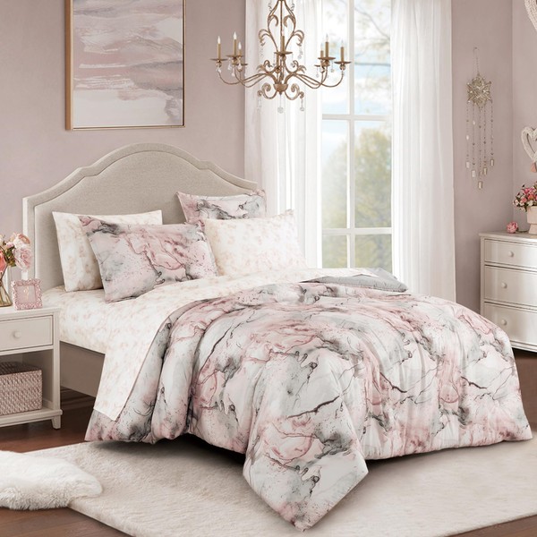 ESCA Marble Full Comforter Set with Sheets - 7-Piece Pink