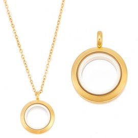 DELORIGIN 2pcs Round Photo Charms Necklace Gold Stainless Steel Locket Pendants Crystal Double-Sided Frame Memory Locket Round Charm with 17.7inch Chain for Wedding Jewellery Making Photo