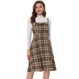 Allegra K Women's Plaid Dress Vintage Sleeveless Tie Waist A-Line Pinafore Overall Dresses Medium Brown
