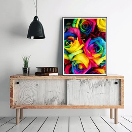 DIY 5D Diamond Painting by Number Kits Colorful Rainbow Rose Paint with Full Drill Round Diamond Art Embroidery Cross Stitch Wall Decoration Festival Gift 12x16 inch