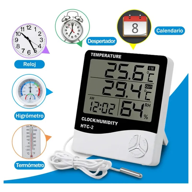 Termómetro Higrómetro Digital Interior Reloj Alarma Htc-2