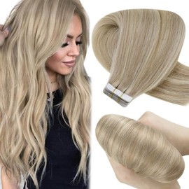 Hetto Tape in Hair Extensions Human Hair Glue in Extensions Remy Hair Natural Tape in Hair Extensions Dirty Blonde 18 Inch #17/23 Highlight Light Blonde 50g 20pcs