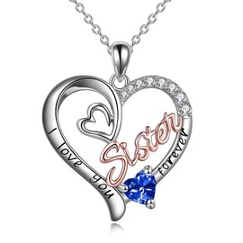 WINNICACA Sister Pendant Sterling Silver I Love You Forever Necklace Birthstone Pendant Jewellery for Women Sister Friend Birthday Gifts, Sterling Silver, Cubic Zirconia