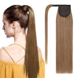 S-noilite Real Hair Extensions Made of Straight and Long Natural Hair - Ponytail with Unique Headband - Human Hair Ponytail Extensions - #06 Light Brown, 40 cm - 80 g