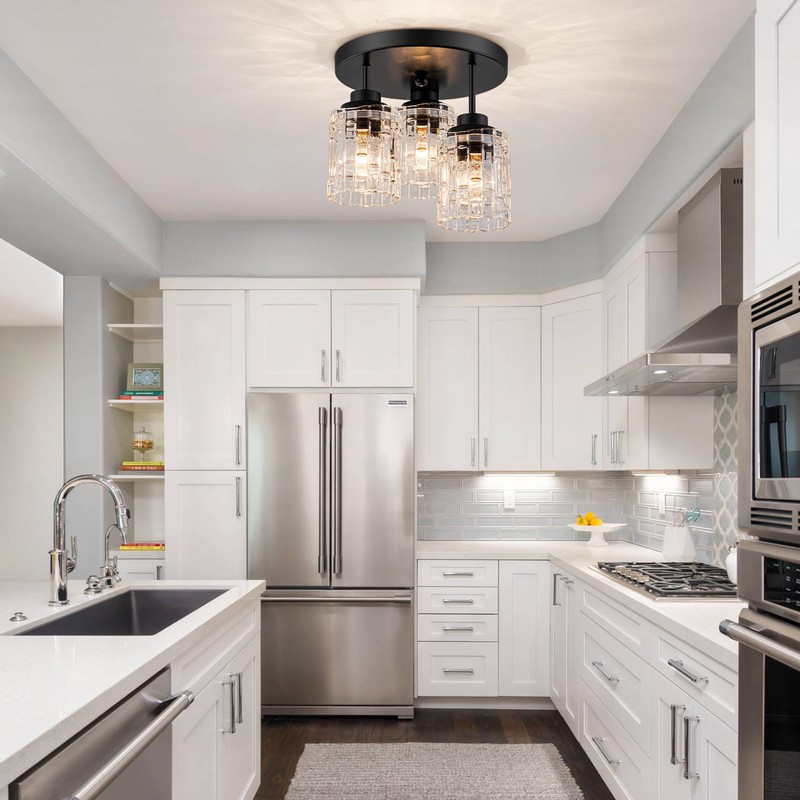 Ymlii 3-Lights Semi Flush Mount Ceiling Light Fixture,Matte Black Kitchen