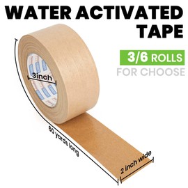 ADHES Water Activated Tape 2" x 55yds, 3 Rolls, Reinforced Kraft Gummed Paper Tape, Eco-Friendly, Strong Adhesive Shipping Tape for Packing, Shipping, Moving