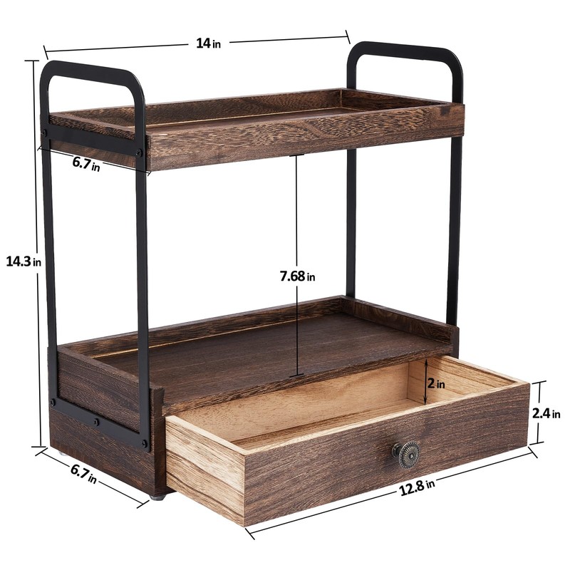 2-Tier Bathroom Counter Organizer with Drawer, Wooden Vanity Countertop Organizer