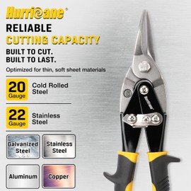 HURRICANE 10 inch Aviation Tin Snips, Straight Cut Metal Shears with Non-Slip Tyregrip Handle, Cr-V Steel Blades Shears for Thin Sheet Metal, Aluminum, Gutter & DIY Projects