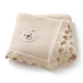 DovFanny Cotton Cellular Baby Blanket Knitted Soft Blanket for Newbron Baby Boy and Girls with Lovely Embroidery Bear