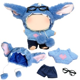 17cm Plush Doll Clothes, Cute Cartoon Plush Doll Outfit, Pink Ear Blue Head Cover + Blue Sweater with Pink Heart Print + Shorts + Black Glasses, DIY Clothing Ideal Children's Gift