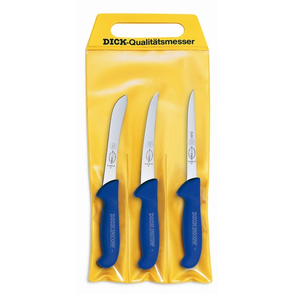 F. DICK ErgoGrip 82559100 Knife Set 3 Pieces (Boning Knife 15 cm Flexible A. Knife 15 cm, Sorting Knife 15 cm, HRC 56°) Blue