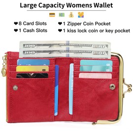 Plinvo Genuine Leather Wallet for Women & Men, RFID Blocking Bifold with Zipper and Kiss Lock, Vintage Coin Purse (Carmine)