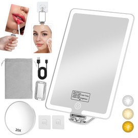 Espejo de maquillaje con espejo de aumento 20X, espejo iluminado con mango plegable ajustable, espejo LED de viaje con 3 luces de color, espejo con luz compacta, esencial de viaje para mujeres