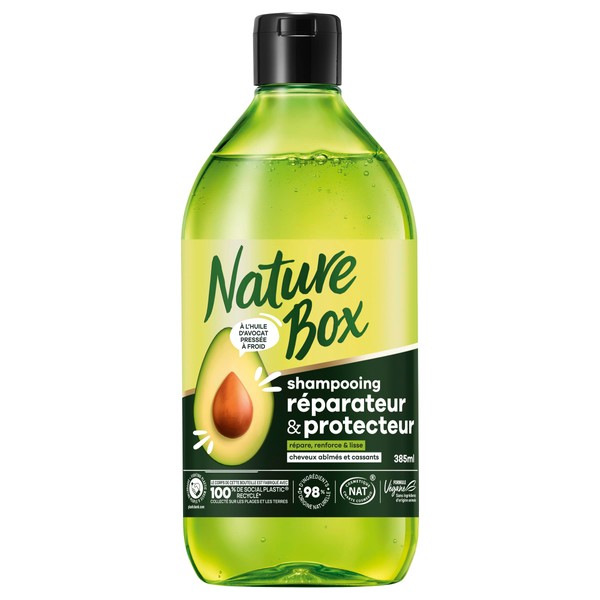 Nature Box Shampooing Usage Quotidien Cheveux Abîmés et Cassants – Shampooing Végan à l'Huile d'Avocat Pressée à Froid – Répare, renforce & lisse - 98% d’Ingrédients d’Origine Naturelle – 385 ml