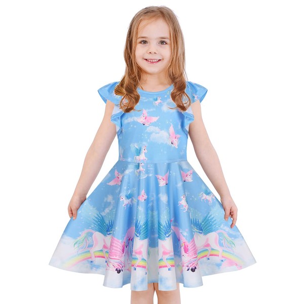 LaBeca Girls Printed Casual Party Dresses Twirly Ruffle Sleeve Dress