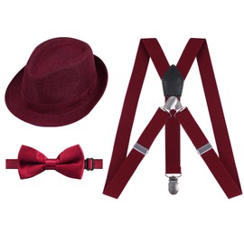Alizeal 1 inch Suspender and Bow Tie Set with Hat for Kids(Maroon)