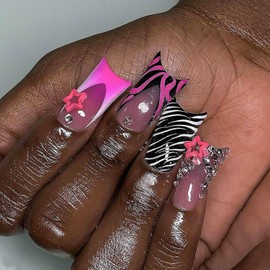 RUOKEXIN Long Nail Press ons Long Press on Nails Pink Ombre French Fake Nails Duck False Nails with Rhinestones Designs Long Glue on Nails Glossy Artificial Nails Cute Stick on Nails for Women 24Pcs