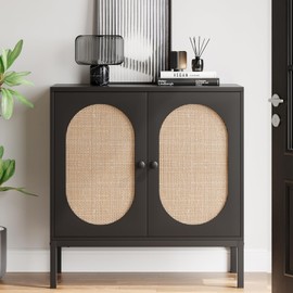 IDEALHOUSE Rattan Buffet Cabinet with Doors and Shelves, Black Console Cabinet for Living Room, Dining Room, Hallway