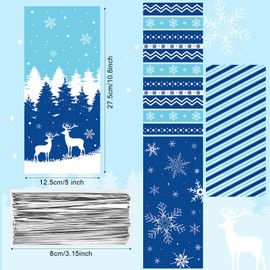 Outus 120 Pieces Winter Cellophane Candy Bags Winter Snowflake Plastic Cookie Cello Bags Blue Snowflake Theme Holiday Goodie Treat with 100 Twist Ties for Birthday Baby Shower Party Favor Supplies