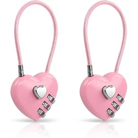 2 Pcs Pink Combination Lock, 3 Digit Heart Shaped Padlock for School Gym Locker, TSA Approved Cable Luggage Locks, Sports Locker Lock, Luggage, Fence, Backpack, Valentine Gift, Luggage Accessories