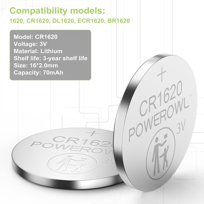 POWEROWL High Capacity CR1620 Battery (15-Pack) 3v Lithium Batteries, 10