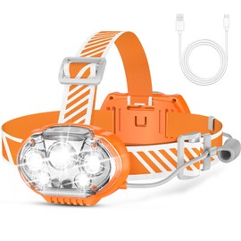 MIOISY Rechargeable Headlamp, 20000 High Lumen 5 LED Head Lamp with Red White Light, IPX4 Waterproof Headlight,8 Mode Head Flashlight for Outdoor Running Hunting Fishing Hiking Camping Gear-Orange