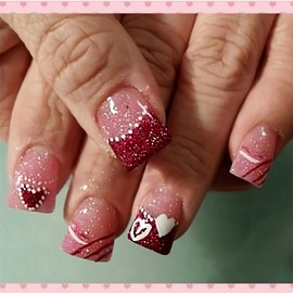 Valentines Press on Nails Short Square Pink Glitter French Tip Fake Nails with Love Heart Design Dotted False Nails Valentine Glitter Glue on Nails Heart Artificial Stick on Nails for Women Girls