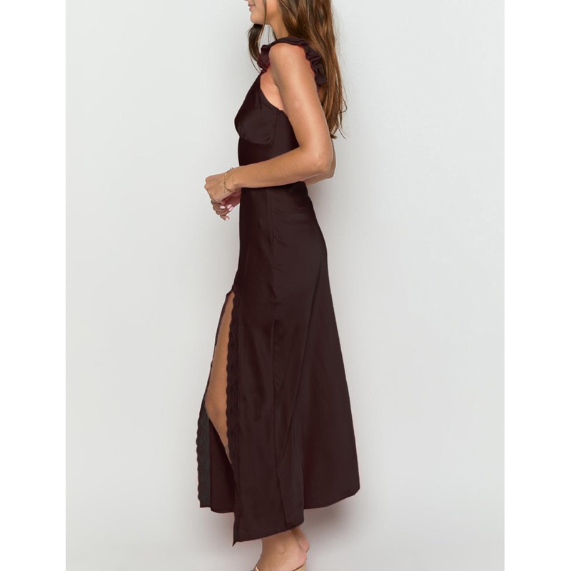 Summer Satin Lace Spaghetti Strap Midi Dress for Wedding Guest