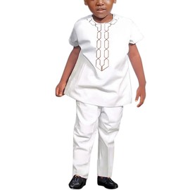 HD Kids African Clothes Embroidery White Dashiki for Toddler Boy Short Sleeves 3XL