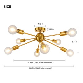 LynPon Gold Ceiling Light Fixture, 8 Lights Mid Century Sputnik Chandelier Semi Flush Mount Light Fixtures Bedroom Brass Lighting Fixture for Kitchen Dining Room Hallway Lighting