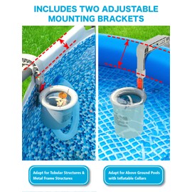 MUWOOB Above Ground Pool Skimmer - Wall Mount & Floating Pool Surface Skimmer for Leaves/Debris, Fits Inflatable/Metal Frame Pools with Adjustable Height Bracket, Basket and Hose (5 Socks Included)