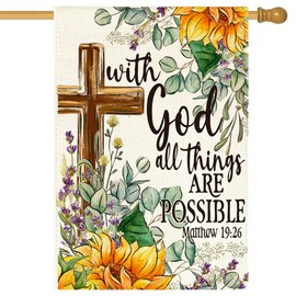 RABUSOFA Summer House Flag 28x40 Inch Double Sided Outside,Sunflower With God All Things Are Possible Spring Floral Cross Yard Outdoor Decoration Large