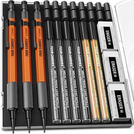 Four Candies Juego de 3 lápices mecánicos de 1.3mm con estuche, lápices de metal resistentes para carpinteros con 72 recambios (rojo, negro, amarillo) 3 borradores, 16 recambios de borradores, cuerpo