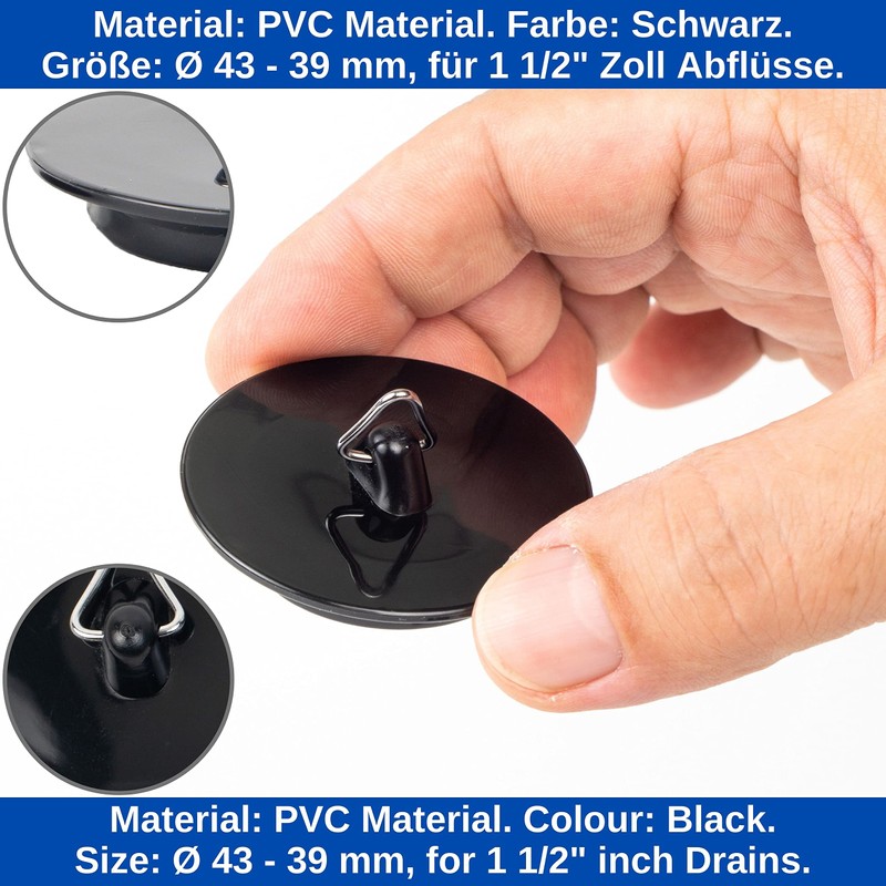 Universal Plug with Chain, Pack of 3, Black, Diameter 41