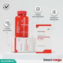 SMART MEGA Astaxantina 10 Ultra Pura con Omega 3, Proteccin Avanzada para Ojos, Corazn y Clulas, 30 Cpsulas                                           