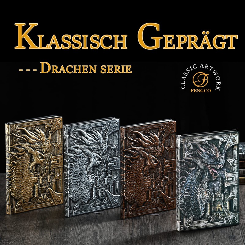3D Dragon Vintage Diary + Pen Set, A5 Lined Notebook,