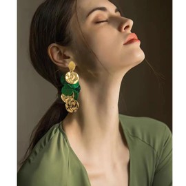 SLSF Bohemian Long Gold Round Disc Leather Fringe Dangle Drop Earrings Handmade Leopard Flower Tassel Stud Earrings for Women (Green)