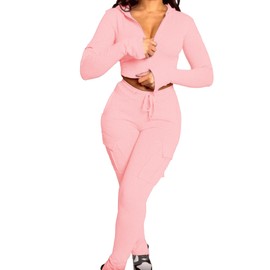 SHINFY Women's 2 Piece Outfits Bodycon Cropped Hoodie Cargo Sweatpants Leggings Jogger Sweatsuits Tracksuit