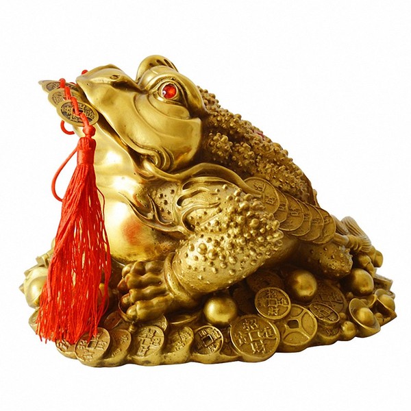 BOYULL Brass Feng Shui Money Frog Statue with Lucky Charm Ancient Coins on Red String,Feng Shui Decor
