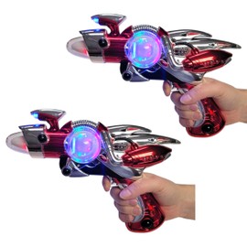 Zugar Land Light-up Galaxy UV Glow Super Spinning Super Blaster Flash Gun (2 Pack) (11") Noisy Blacklight Reactive Glow in Dark Space Blaster. Plastic. with Sound Effects. (2, Red Blaster)