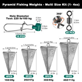 Annyswit Pack of 10 Pyramid Sinkers Fishing Weights, Surf Fishing Counterweight with Fishing Line Sinker Slide & Fishing Swivels (Black Nickel) for Saltwater Fishing Tackle 1oz 2oz 3oz 4oz