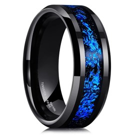 King Will Mens 8mm Black Tungsten Carbide Wedding Ring Blue Foils Inlay Tungsten Ring Beveled Edge Tungsten Ring 9.5