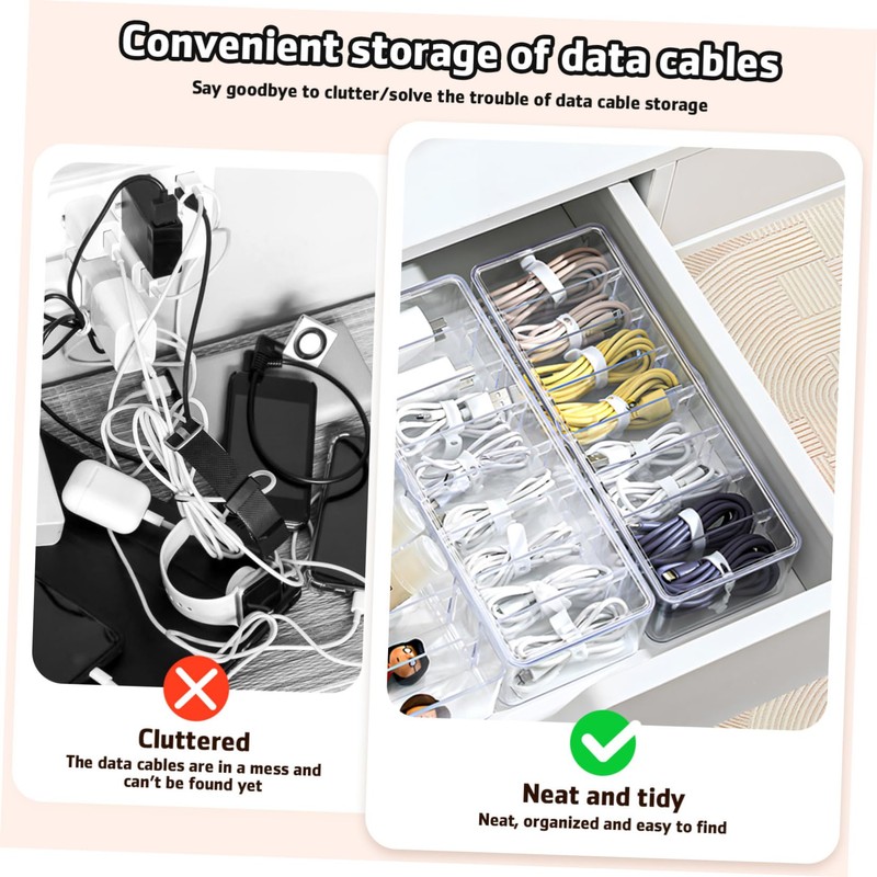 DOITOOL 2pcs Clear Cable Organizer Box Lid Multi-Compartment Cord Storage
