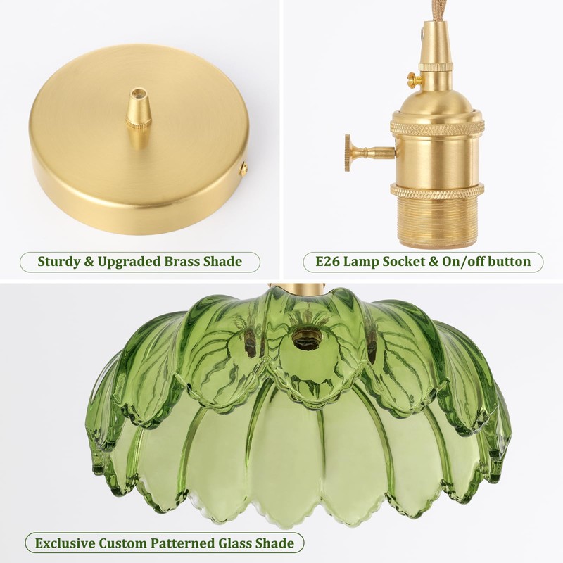Shenmoyl Pendant Light with Green Scindapsus Glass Lmapshade, Brass Vintage
