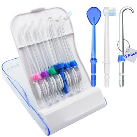 Replacement Tips Compatible with Waterpik Water Flosser, Storage Case and 9 Count Water Flosser Replacement Tips Compatible with Waterpik Oral Irrigator, Classic Jet Tips, Brush Head Tips