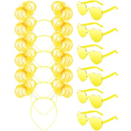 12 Pcs Tinsel Wrapped Ponytails Headband with Heart Shape Sunglasses Costume Party Faux Feather Headwear Bopper for Festival(Yellow)