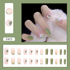 24Pcs Full Cover Reusable Coffin False Nails, Press on Nails Square Medium Length, Artificial Acrylic Fake Nails with 3D White Flower Designs, Women Glue on Nails Set, Stick on Nails for Nail Art