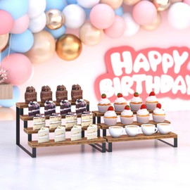 Wood Display Risers, 4 Tier 13.4IN Perfume Organizer Shelf with Metal Legs, Large Wooden Cupcake Stand Holder, Display Shelf Stand for Figures, Party, Makeup, Dessert Shelves for Party, Rustic Brown