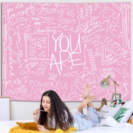 Miytal Quote You Are - Tapiz de pared inspirador para colgar en la pared, tapiz estético negro para recámara de adolescentes, 59.1 x 80 pulgadas, color blanco y rosa