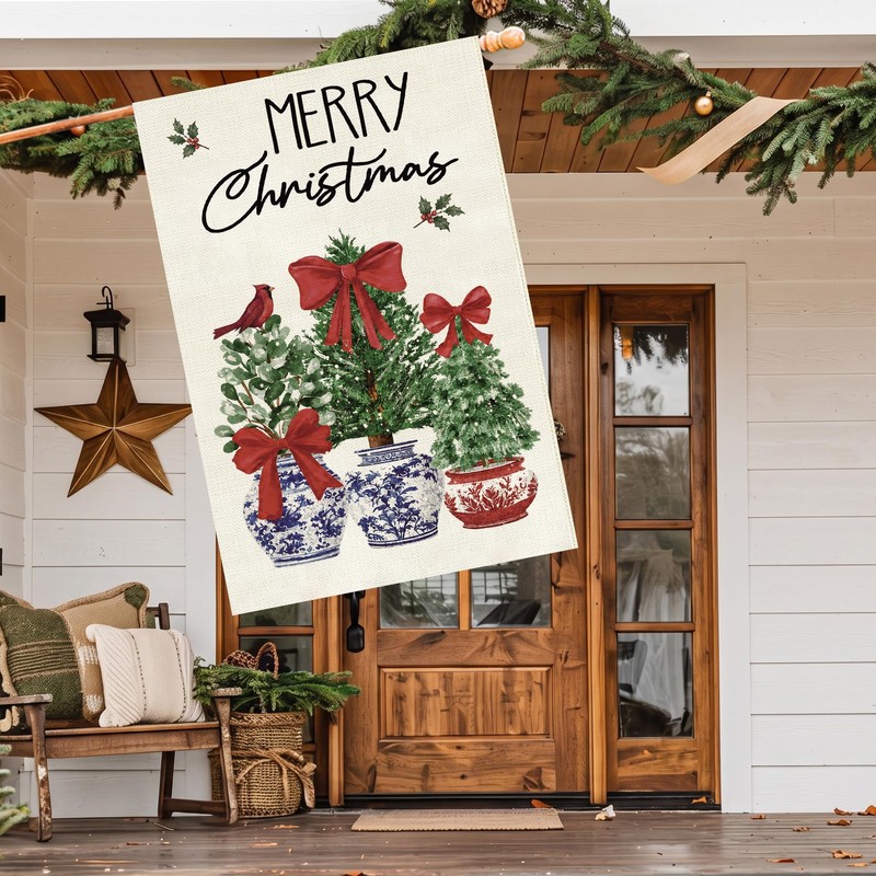 Christmas House Flag 28x40 Inch Large Winter Pine Trees Farmhouse